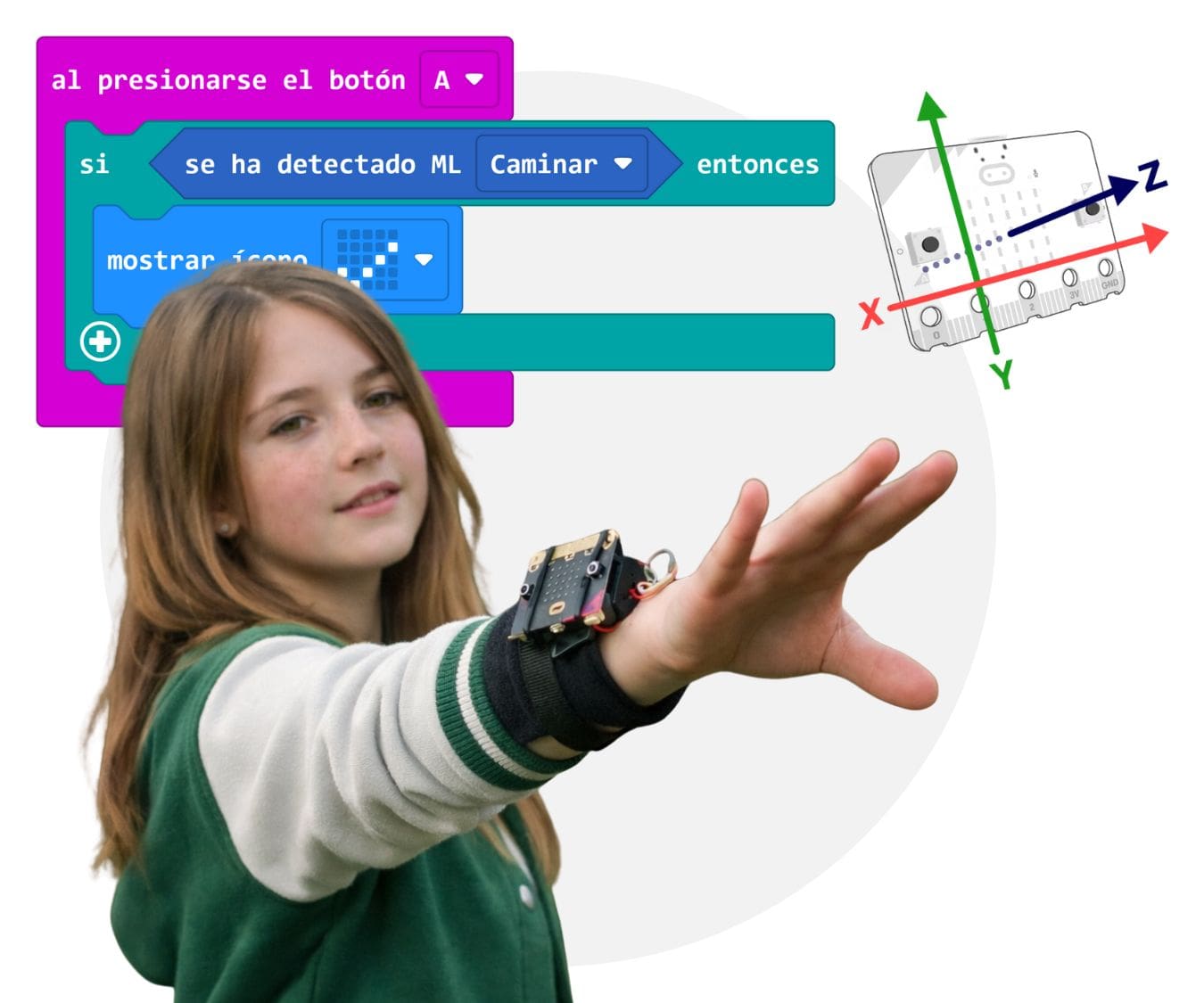 Estudiante utilizando el acelerómetro de su micro:bit en su muñeca.
