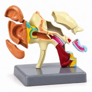 Modelo anatómico de oído humano mini de 12 partes, tipo rompecabezas 3D, con piezas suspendidas en vista de montaje.